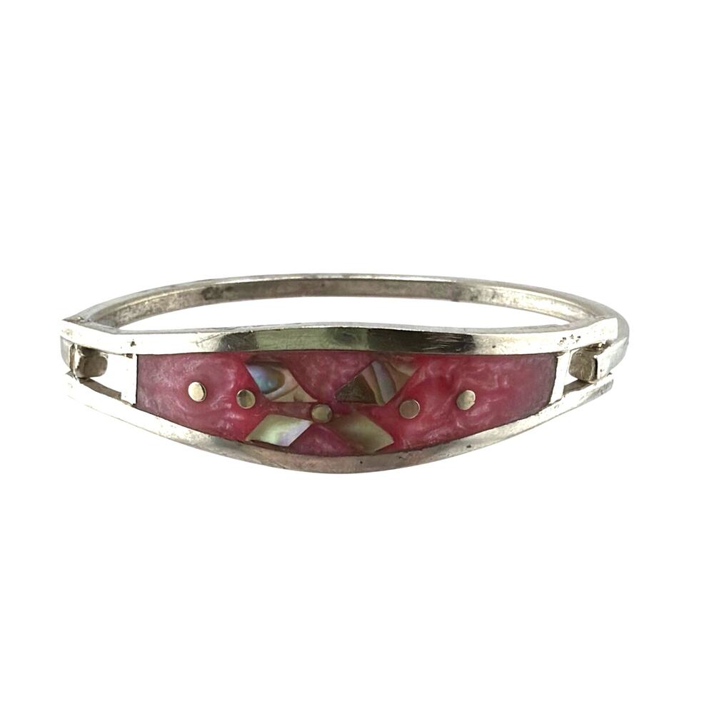 Vintage Mexican Alpaca Magenta Pink Enamel Abalone Bangle